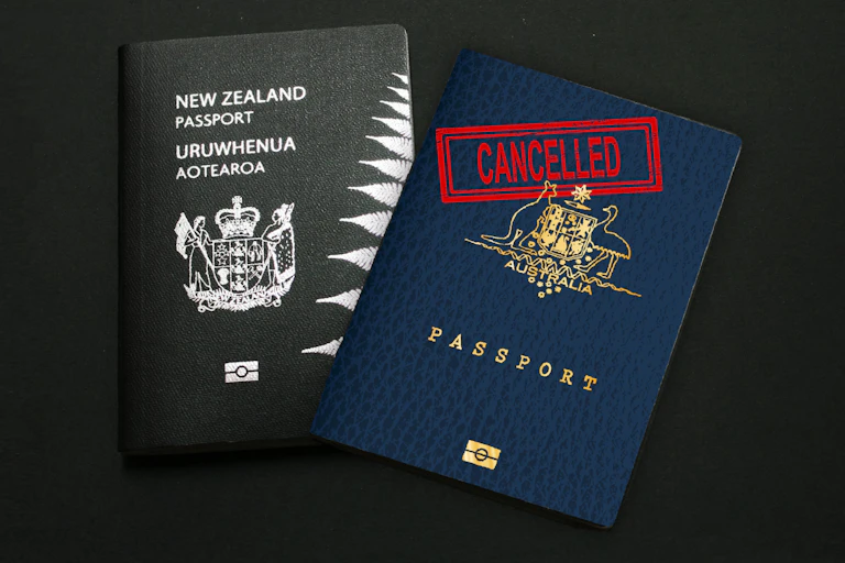 A New Zealand passport and an Australian passport that is marked cancelled.