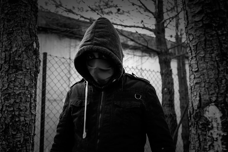 Fotografía en blanco y negro de un hombre encapuchado y con mascarilla que mira a cámara.