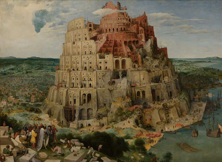 Oil painting. A giant unwieldy tower rises towards heaven.