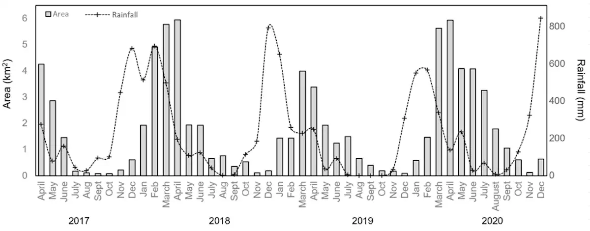 Seaweed growing area based on satellite data mapped from rainfall. Production is highly seasonal and is linked to rainfall patterns. Indonesian Meteorology, Climatology and Geophysics Agency