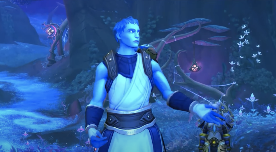 Game still of blue man talking in a magic wood.