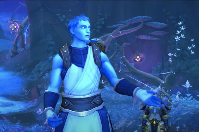Game still of blue man talking in a magic wood.