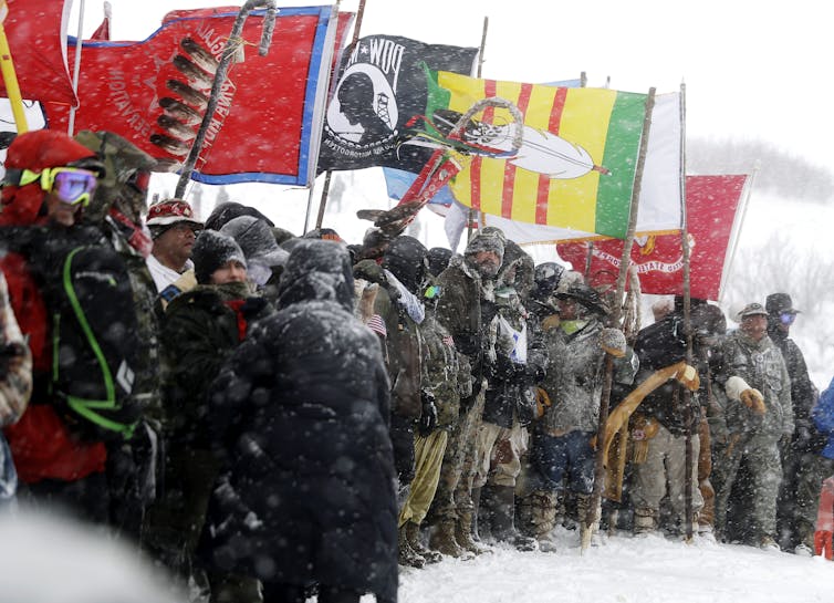 A large group of people gather in the snow holding the flags of Indigenous nations.
