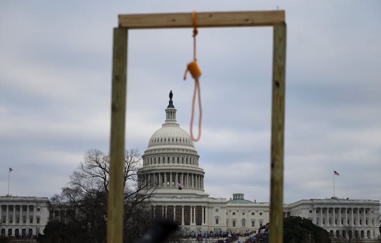 A gallows with a noose hanging on it at the Capitol Building in Washington, D.C.