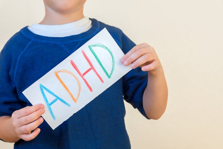 Anonymous child holding up ADHD label