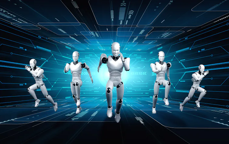 Five robot runners against a digital background