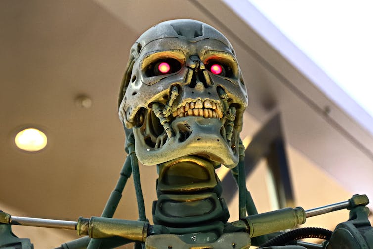 The head of a killer robot from the Terminator films