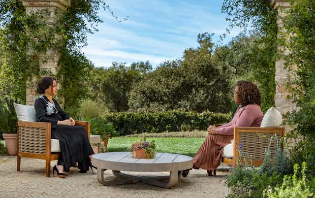 Meghan, Duchess of Sussex being interviewed by Oprah Winfrey in Los Angeles.