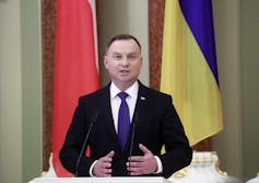 Polish President Andrzej Duda speaks during a news briefing.