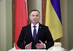 Polish President Andrzej Duda speaks during a news briefing.