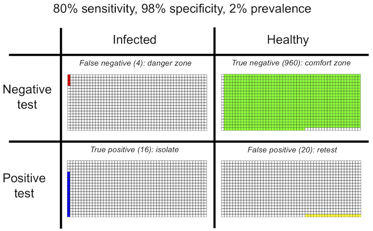 Table with rows showing test results (negative/positive) and individual status (infected/healthy) with colours indicating outcome (four false negatives, 960 true negatives, 16 true positives and 20 false positives)