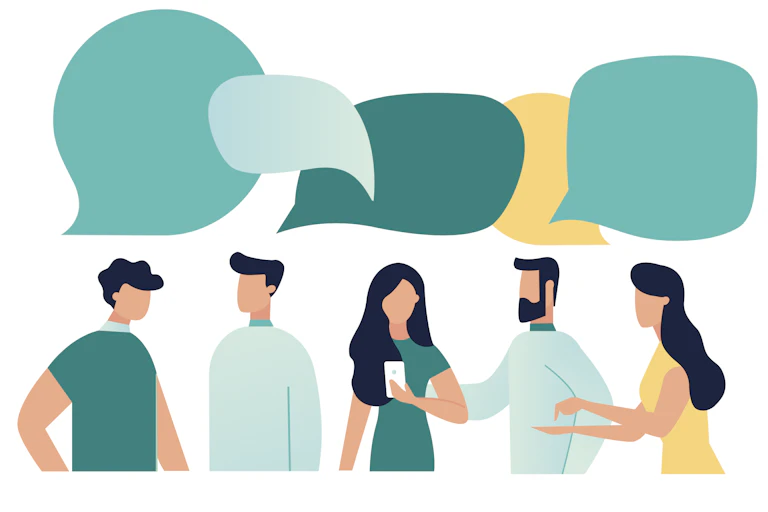 Drawing of five people with speech bubbles coming out of each of them.