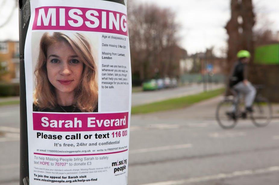 Missing poster of Sarah Everard with out of focus cyclist in the background