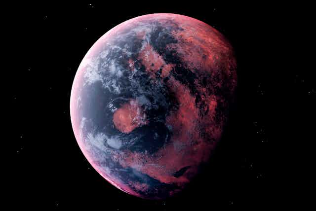 A large planet with red sections like oceans