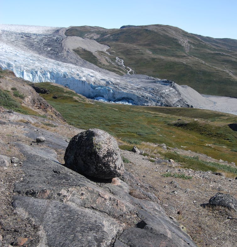 A rock and tundra with a glacier in the background