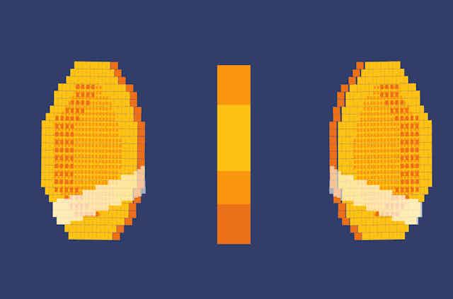 An array of pixelated coins.