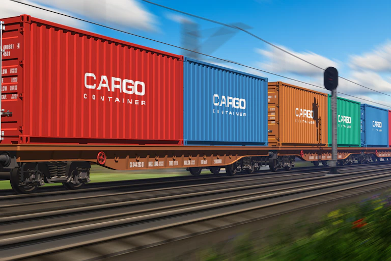 Freight train with colourful cargo wagons