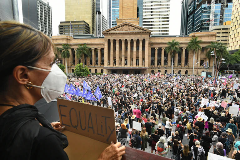 Women rally at the March 4 Justice protest in Brisbane.