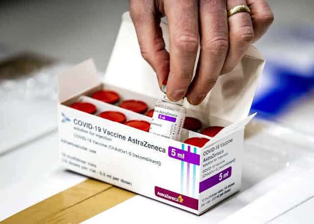 A box of vials of the AstraZeneca COVID-19 vaccine