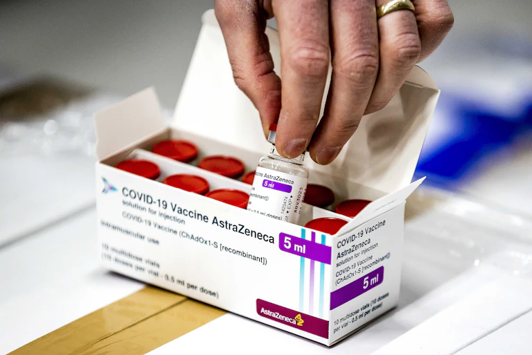 A box of vials of the AstraZeneca COVID-19 vaccine