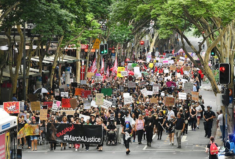 Protesters march in Brisbane.