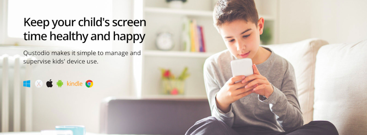 Screenshot from Qustodio website that says Keep your childs screen time healthy and happy. Qustodio makes it simple to manage and supervise kids device use.