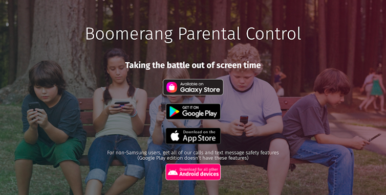 Screenshot from Boomerang website. Kids using apps in the photo, with text saying Boomerang Parental Control Taking the battle out of screen time.