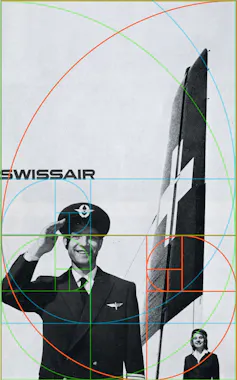 Golden spirals and rectangles are overlaid on a print ad featuring a saluting airline pilot, stewardess and plane fin.