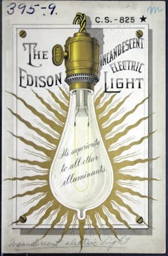 A graphical representation of an early electric incandescent lightbulb