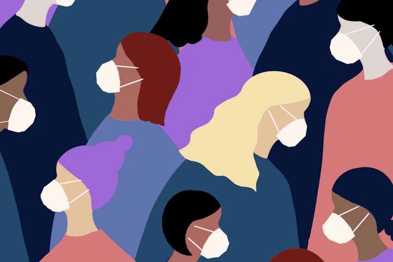 Illustration of a crowd of people, all wearing masks