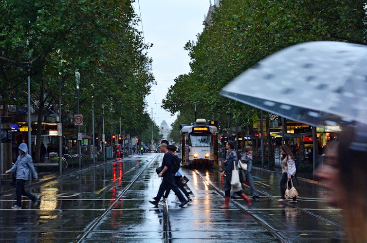 Rainy day on Swanston St, Melbourne