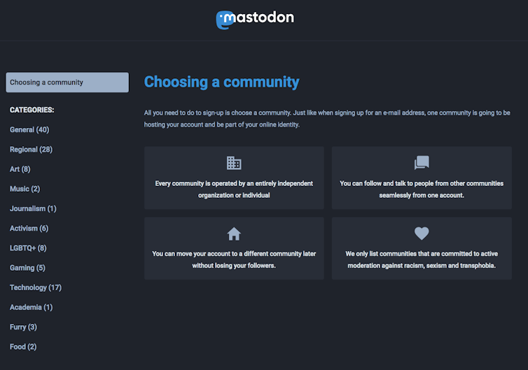 Mastadon's communities sign-up page