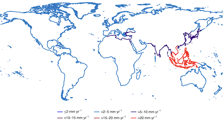 Map showing relative sea level rise in 23 coastal regions around the world.