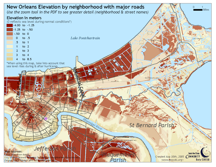 Map of New Orleans with shaded areas below sea level.