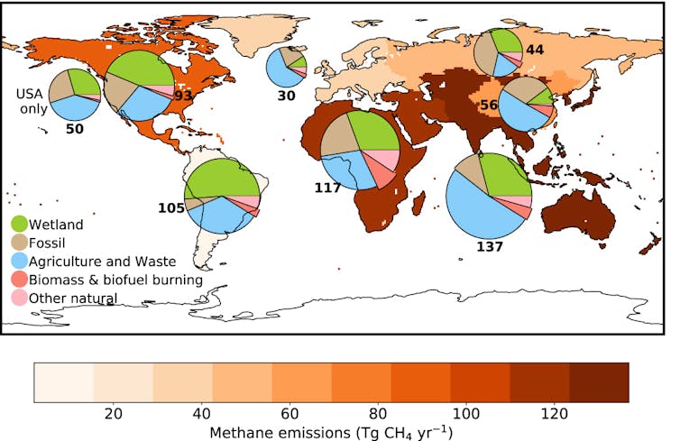 Map of methane sources by continent.