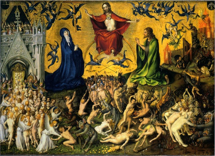 Jesus, Mary and St. John preside over the dead, some of which are admitted to the Kingdom of Heaven, others to eternal punishment.