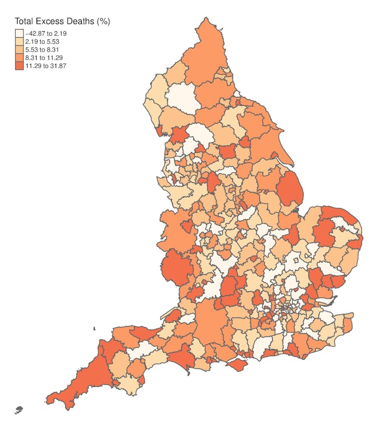 Orange, yellow and white map of England showing excess deaths by local authority