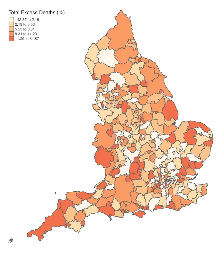 Orange, yellow and white map of England showing excess deaths by local authority