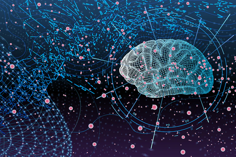 A computerised image of a brain in a matrix of lines and dots