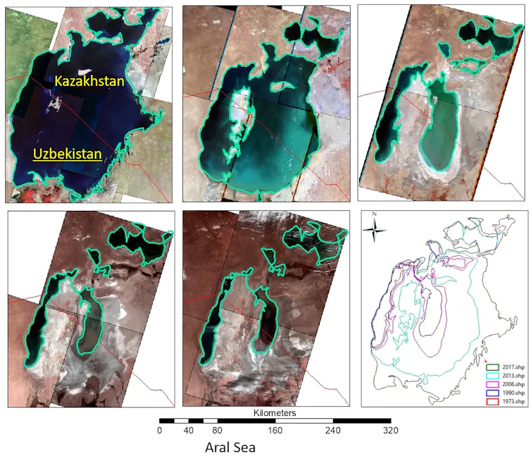 Satellite imagery of the Aral Sea over time.
