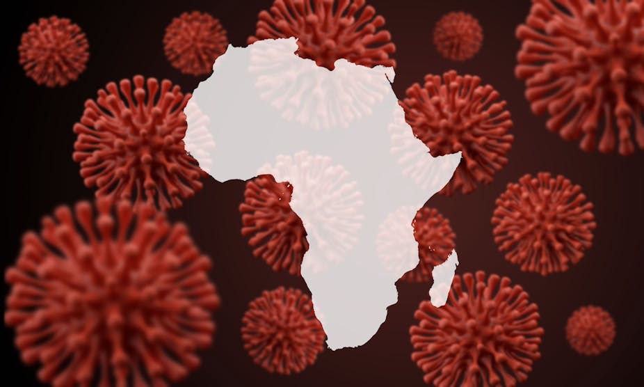 Africa map over a scientific virus microbe background