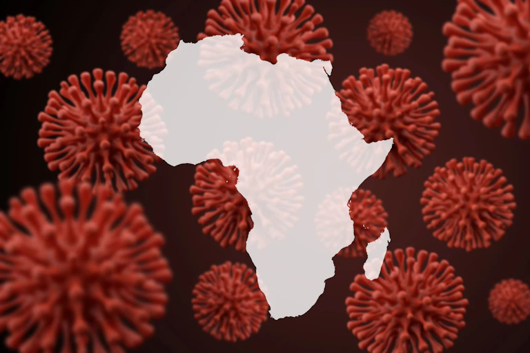Africa map over a scientific virus microbe background