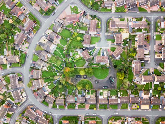 A typical suburban neighbourhood in the UK viewed from above