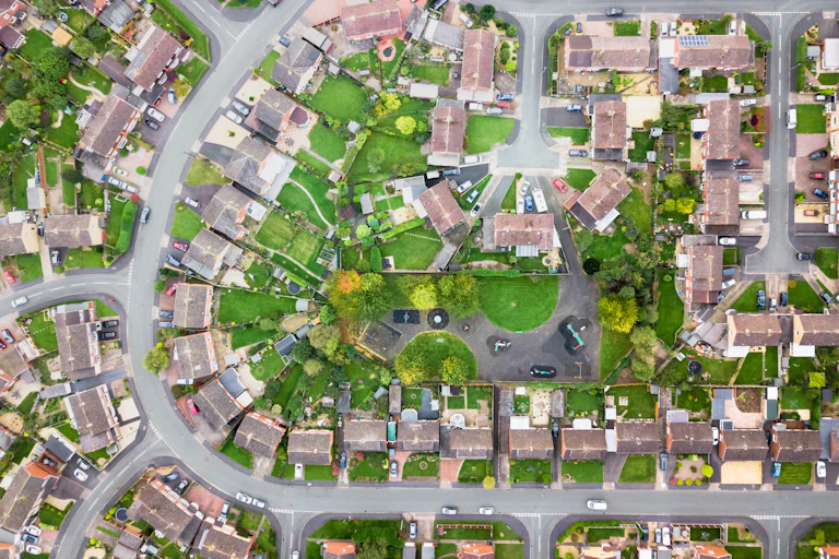 A typical suburban neighbourhood in the UK viewed from above