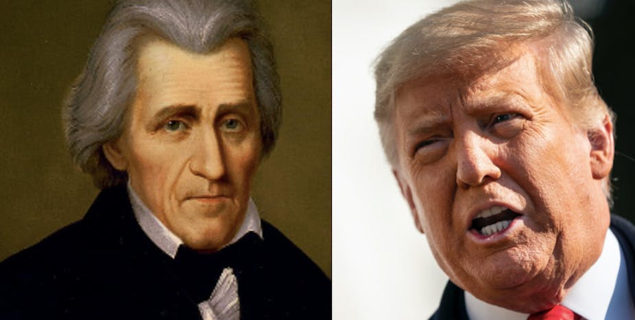 Images of Andrew Jackson and Donald Trump, side by side