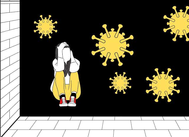 Illustration of sad young woman with yellow coronavirus on a black background