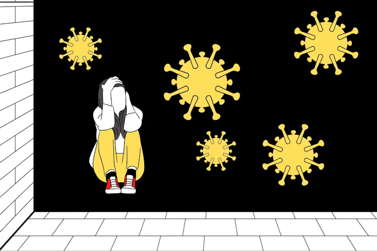 Illustration of sad young woman with yellow coronavirus on a black background