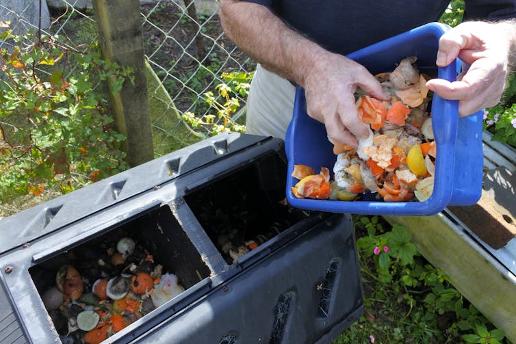 A man scraping food scraps into a bin.