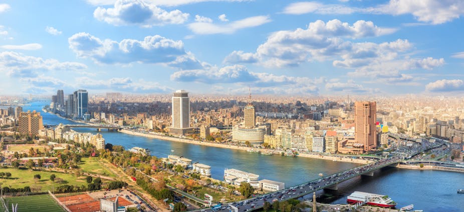 Cairo downtown panorama, view on the Nile and bridges, Egypt.