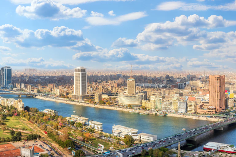 Cairo downtown panorama, view on the Nile and bridges, Egypt.